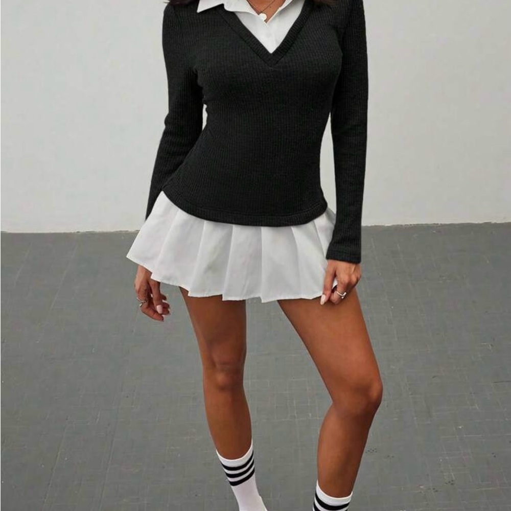 2-in-1 white knitted shirt dress